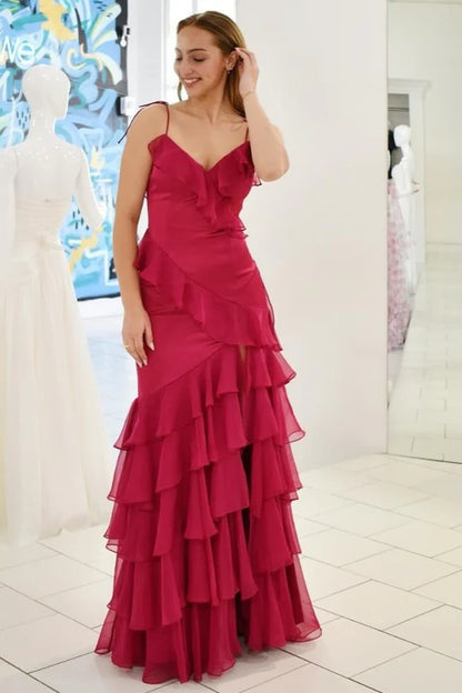 V-Neck Ruffle Long Prom Dress with Slit