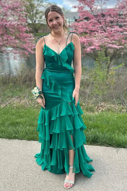 V-Neck Ruffle Long Prom Dress with Slit