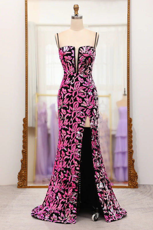 Fuchsia Black Plunge V Sequins Spaghetti Straps  Split Fork Long Prom Dress