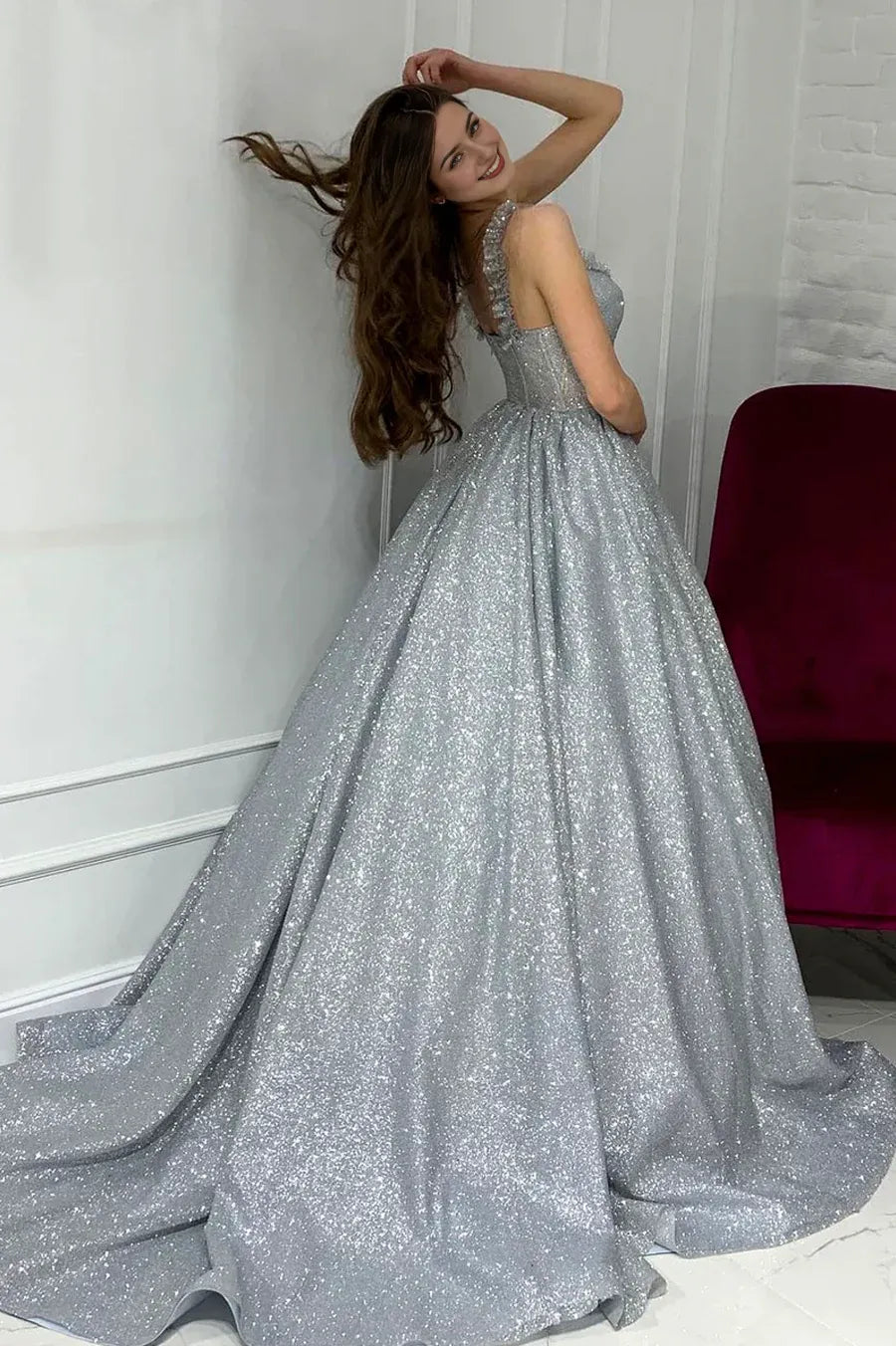 A-Line Glitter Sparking Shine  Sequins Long Senior Prom Dress Evening Party Dress  Sweep/Brush Train Dresses