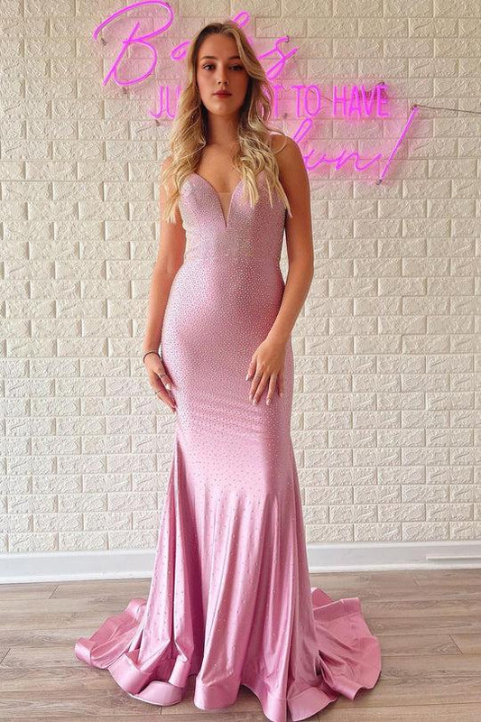 Charming Mermaid V Neck Spaghetti Strap Backless Pink Beading Prom Dresses