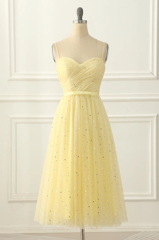 Yellow Tulle V-Neck Spaghetti Straps Pleats Midi Sparkly Prom Dress