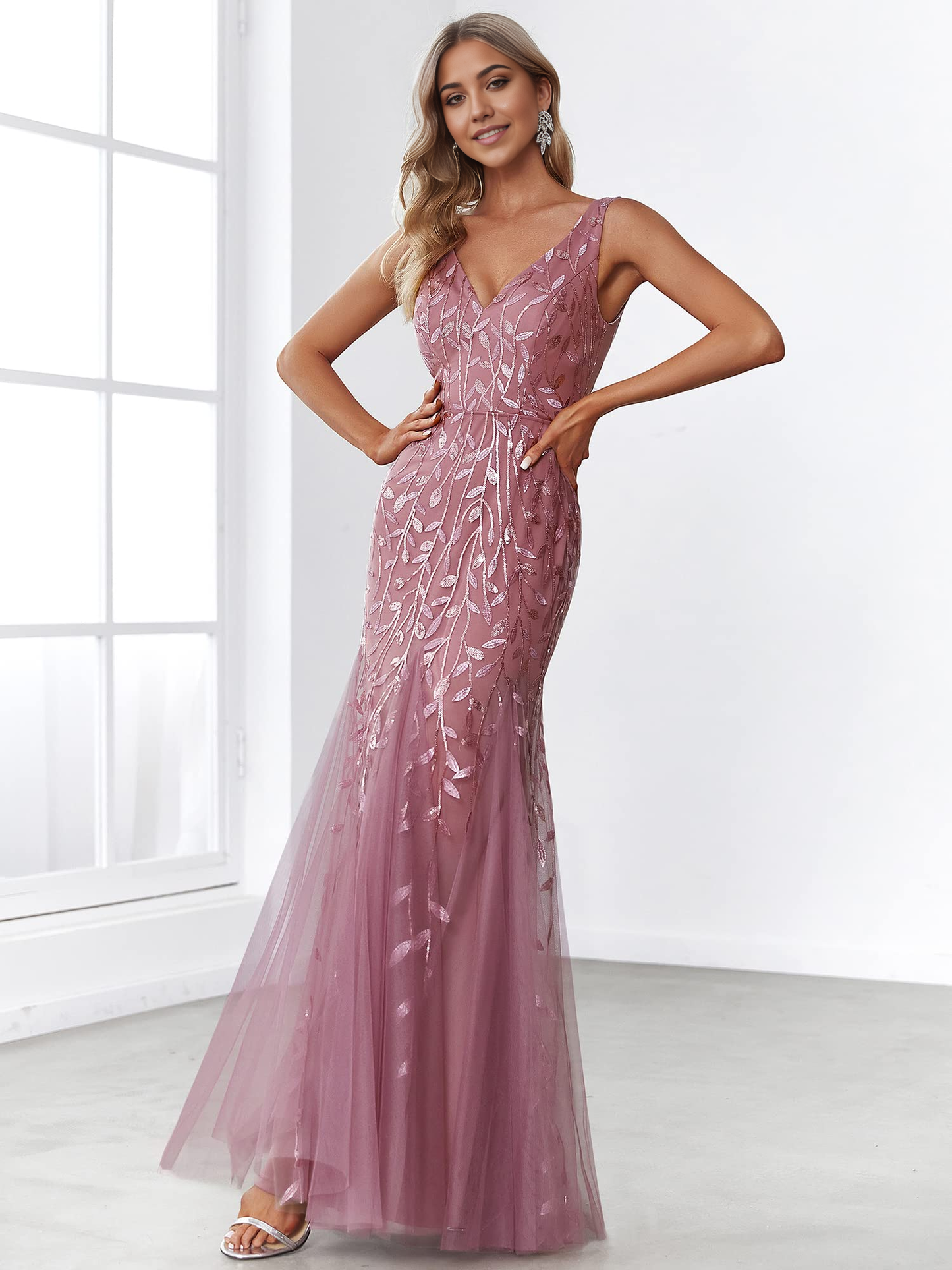 Wedding Guests Dresses Women's Sequin Double V-Neck Sleeveless Mermaid Long Evening Dress Prom Dresses Formal Wear Dresses