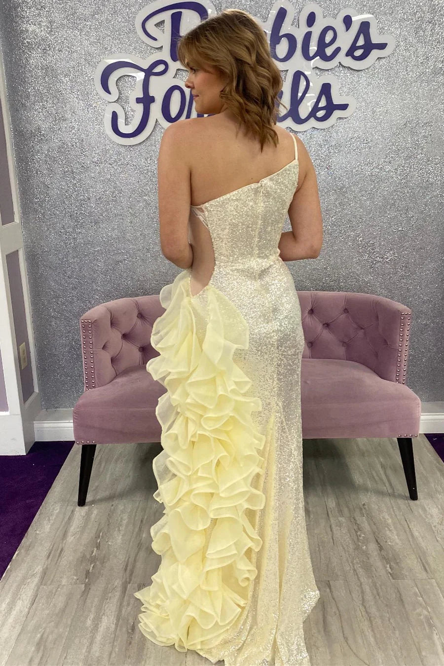Sequin Mesh One-Shoulder Ruffle Long Formal Dress with Slit