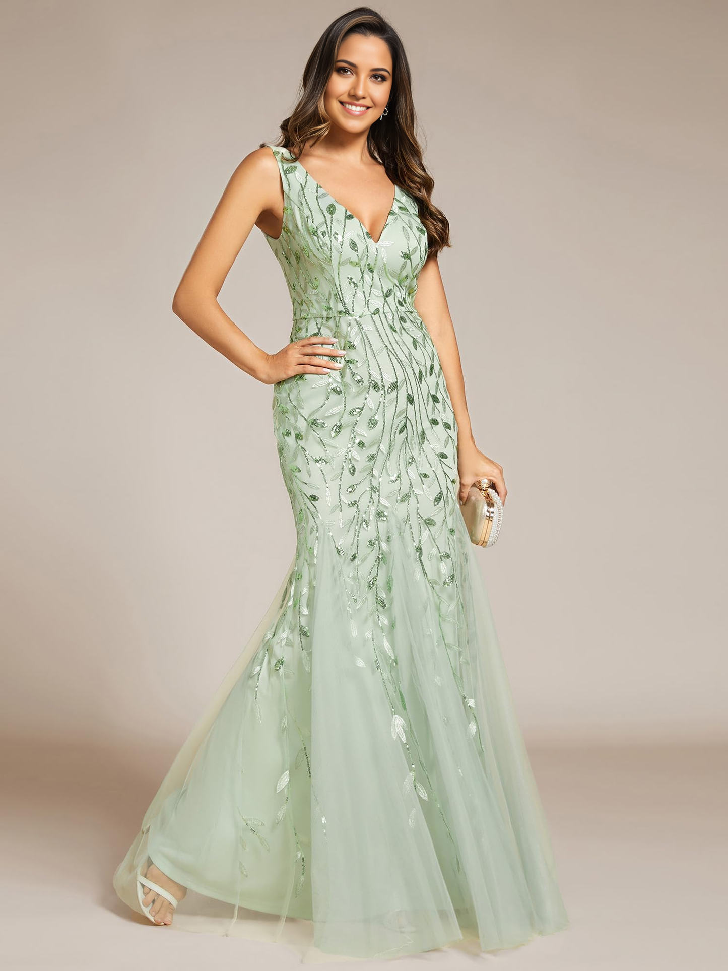 Wedding Guests Dresses Women's Sequin Double V-Neck Sleeveless Mermaid Long Evening Dress Prom Dresses Formal Wear Dresses