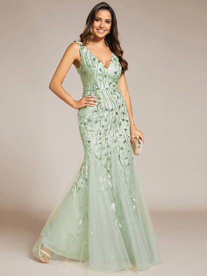 Wedding Guests Dresses Women's Sequin Double V-Neck Sleeveless Mermaid Long Evening Dress Prom Dresses Formal Wear Dresses