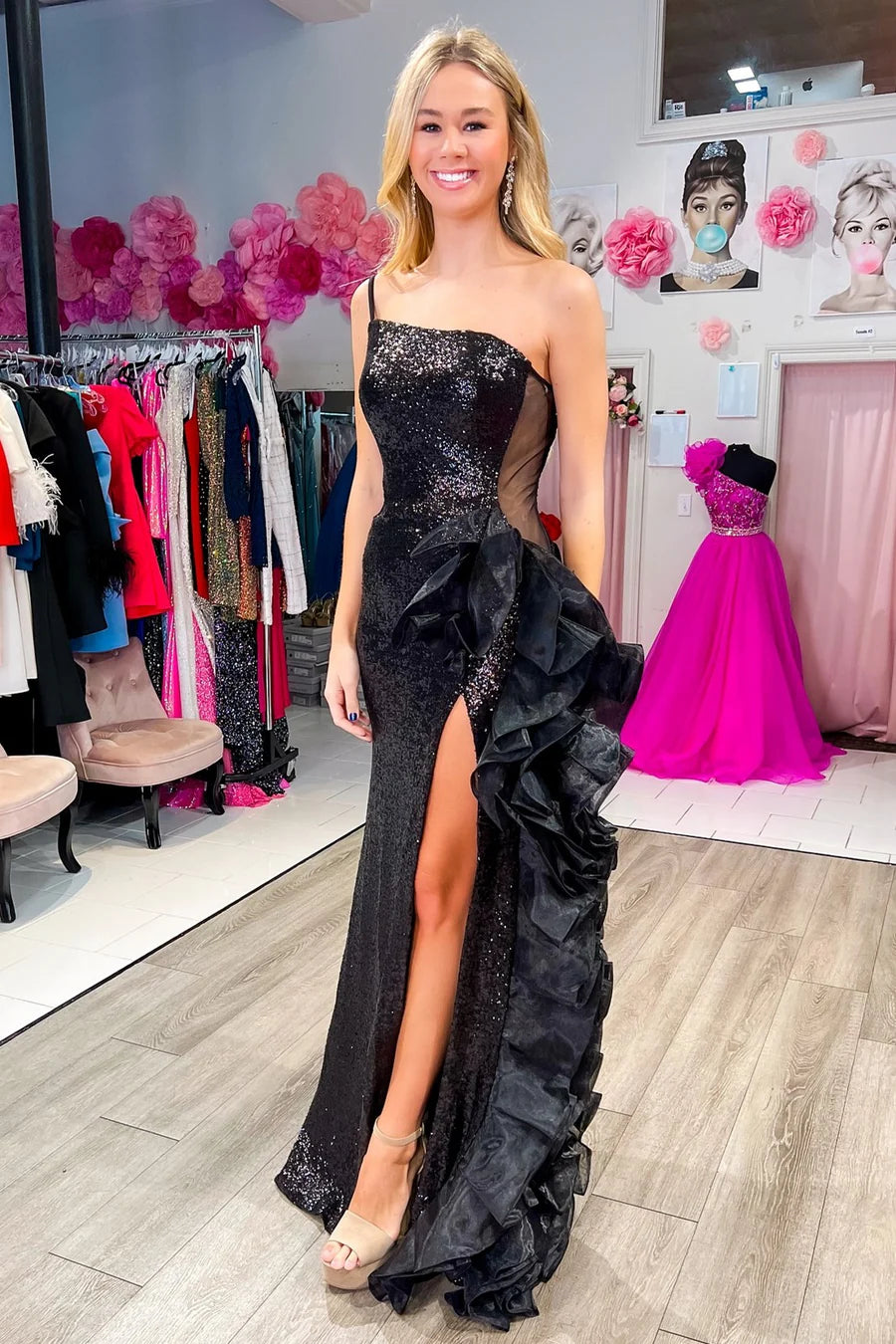 Sequin Mesh One-Shoulder Ruffle Long Formal Dress with Slit