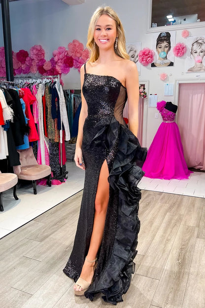 Sequin Mesh One-Shoulder Ruffle Long Formal Dress with Slit