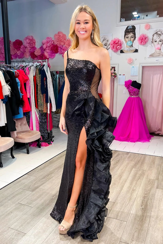 Sequin Mesh One-Shoulder Ruffle Long Formal Dress with Slit