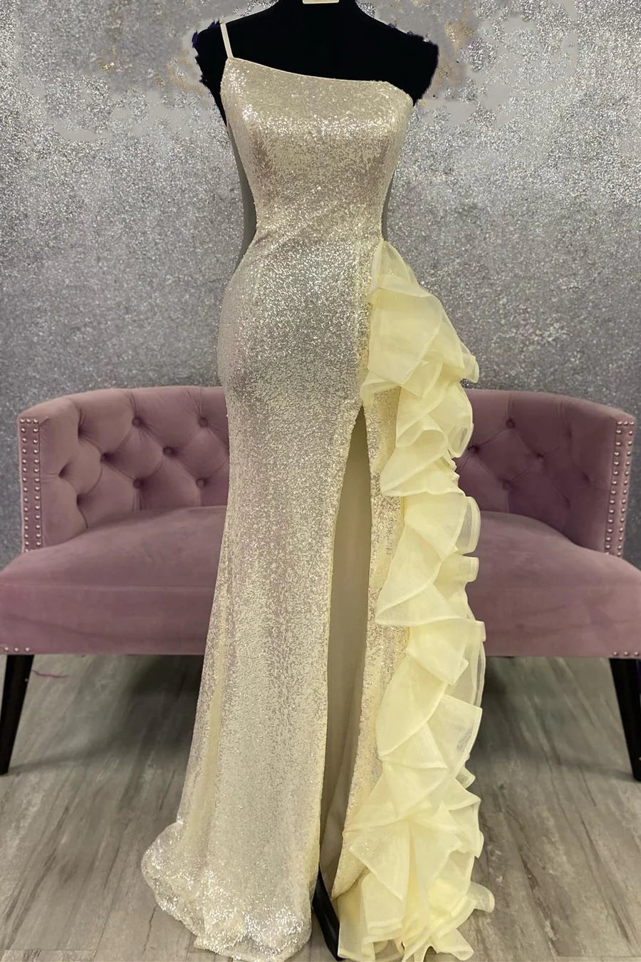 Sequin Mesh One-Shoulder Ruffle Long Formal Dress with Slit