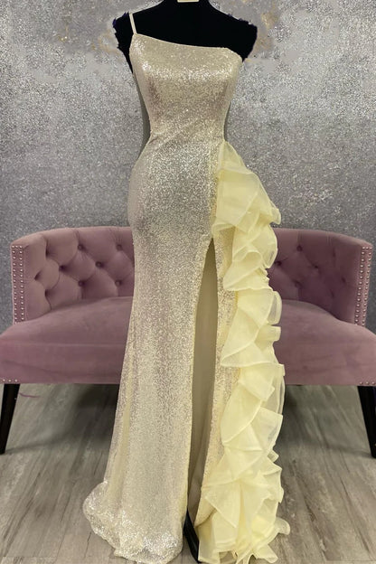 Sequin Mesh One-Shoulder Ruffle Long Formal Dress with Slit