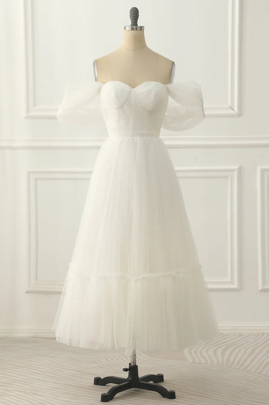 Ivory Tulle Off the Shoulder A-line Retract Your Waist Prom Dress