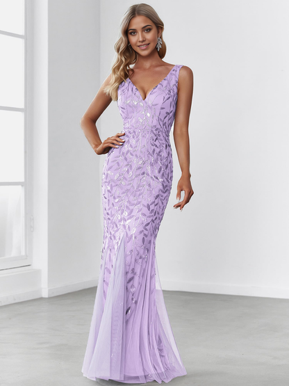 Wedding Guests Dresses Women's Sequin Double V-Neck Sleeveless Mermaid Long Evening Dress Prom Dresses Formal Wear Dresses