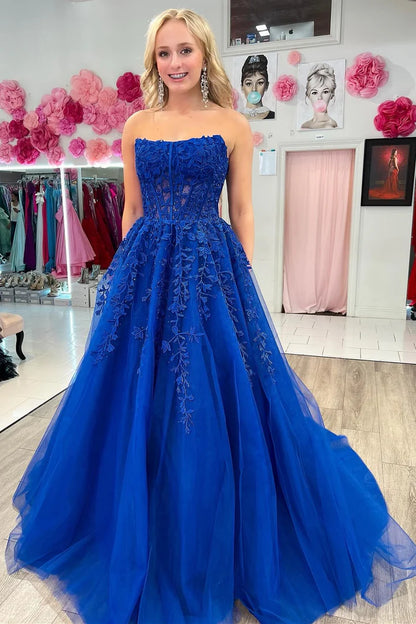 Appliques Strapless A-Line Long Prom Dress