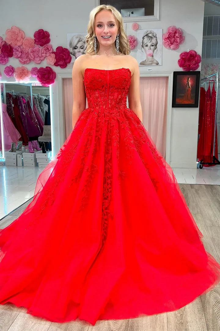 Appliques Strapless A-Line Long Prom Dress