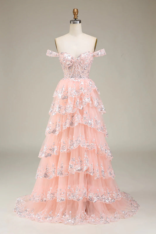 Blush A-Line Off-the-Shoulder Tulle Tiered Split Fork Floor-Length Prom Dress ﻿