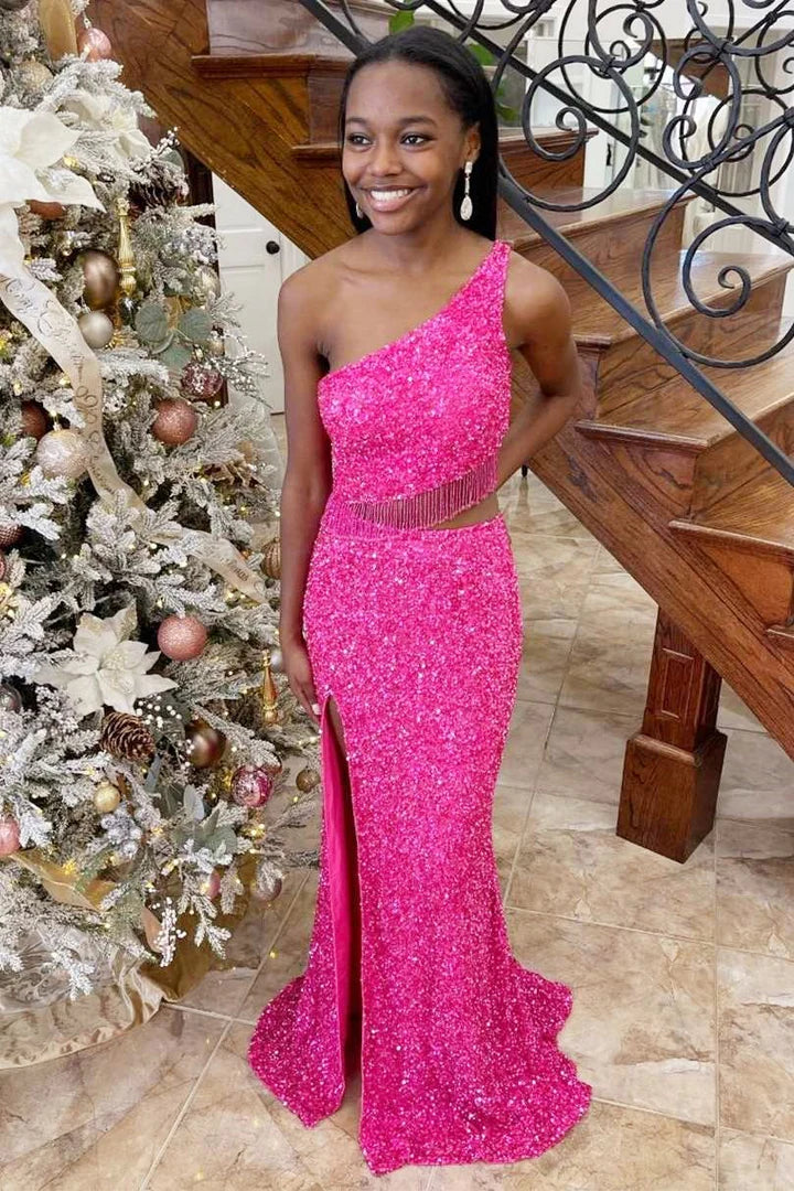Sequin One-Shoulder Cutout Tassel Long Prom Dress