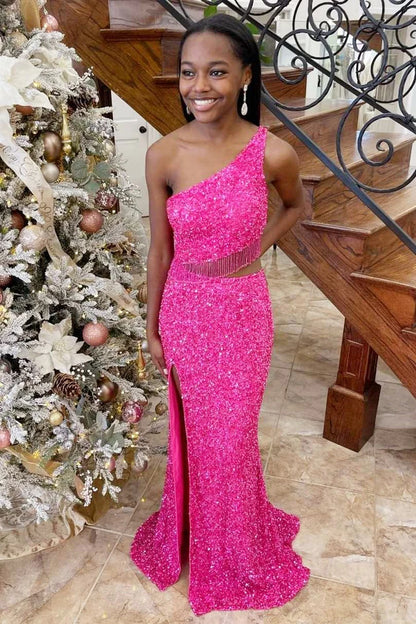 Sequin One-Shoulder Cutout Tassel Long Prom Dress