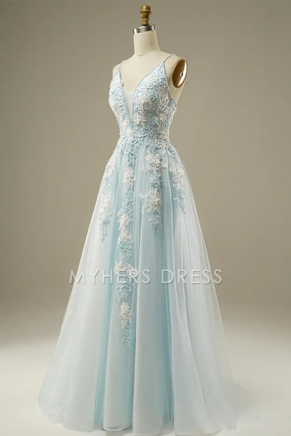 My Hers Ladies Formal Dress Luxury A-Line Spaghetti Strap Beading Exquisite Tulle Lace Applique Prom Dress