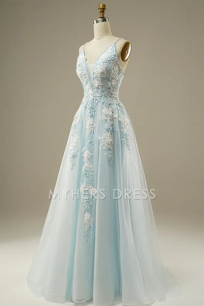 My Hers Ladies Formal Dress Luxury A-Line Spaghetti Strap Beading Exquisite Tulle Lace Applique Prom Dress