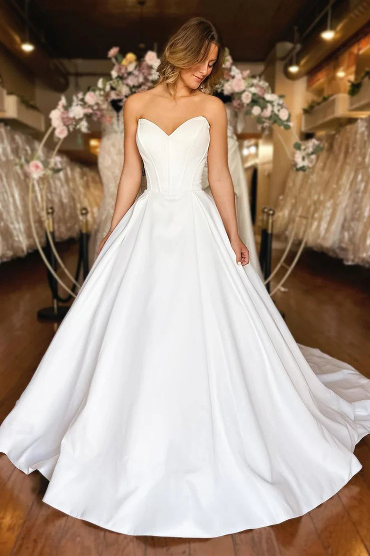 Simple Strapless Off-the-Shoulder White Satin Mopping The Floor Wedding Dresses with Pockets