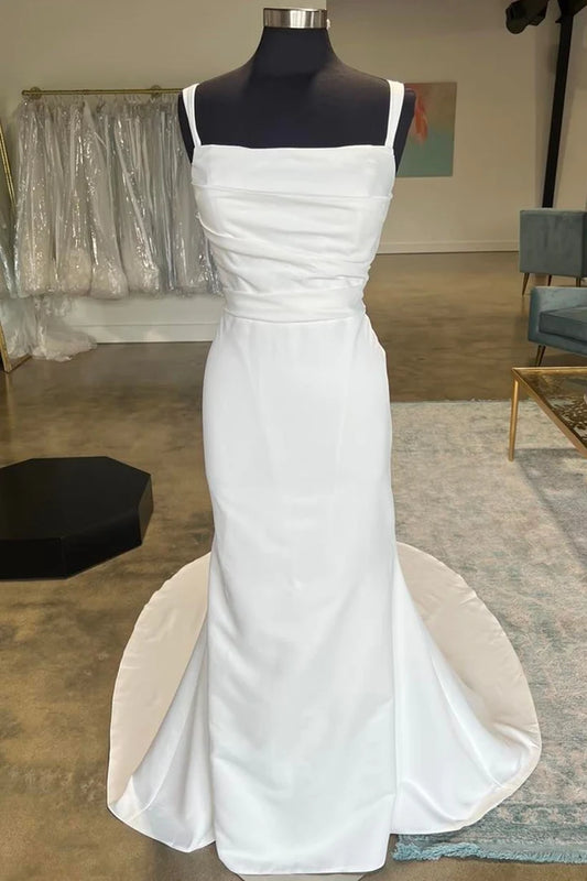 White Straight Neck Back Buckle Pleats Mermaid Mopping The Floor Long Wedding Dress ﻿