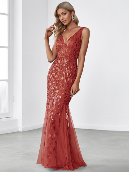 Wedding Guests Dresses Women's Sequin Double V-Neck Sleeveless Mermaid Long Evening Dress Prom Dresses Formal Wear Dresses