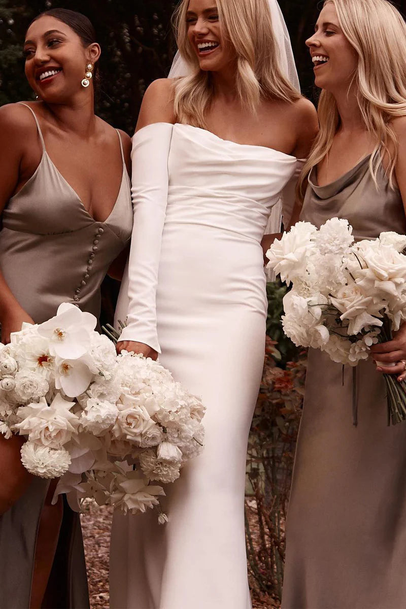 Elegant Mermaid Strapless Off-the-Shoulder Long Sleeves Satin Floor-Length Wedding Dresses