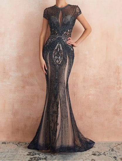 Gorgeous  Cap Sleeve Beaded Mermaid Dress