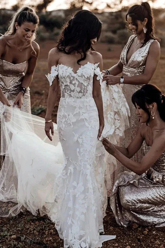 Charming Mermaid V-Neck Off the Shoulder Slim-fit Lace Wrap The Buttocks Wedding Dresses