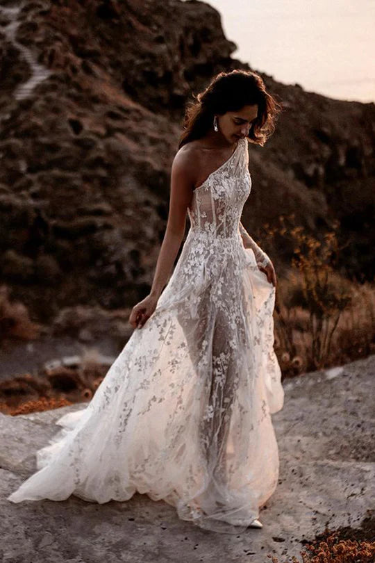 Bohemian A Line One Shoulder See Through Lace Beach Wedding Dresses