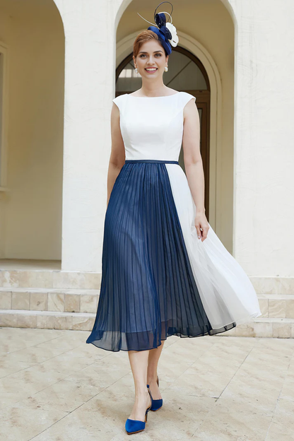 Fall November December Wedding Guest Dress Mother of the Groom / Bride Dresses A-Line Chiffon Pleated Tea-Length Color Blocking Simple Dress