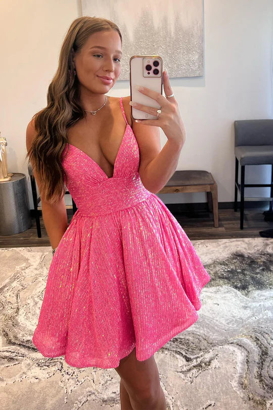 Cute Sparkly A Line V Neck Spaghetti Strap Hot Pink Sequins Short Homecoming Dresses