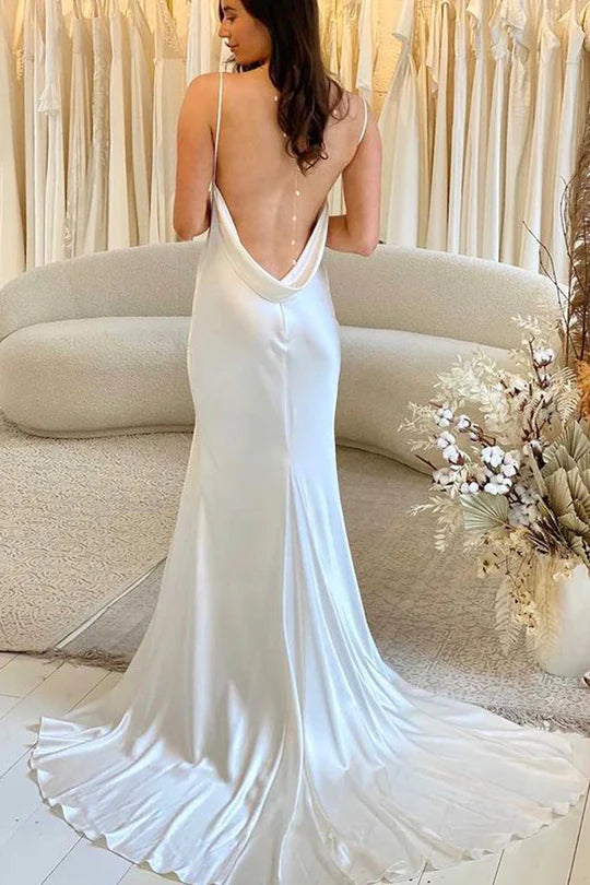 Charming Mermaid Cowl Neck Spaghetti Strap Silk Satin Wedding Dresses with Slit