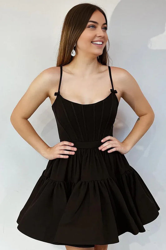 Cute A Line Scoop Neck Spaghetti Strap Black Satin Short Homecoming Dresses with Lace-up