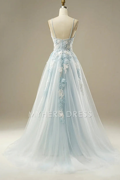My Hers Ladies Formal Dress Luxury A-Line Spaghetti Strap Beading Exquisite Tulle Lace Applique Prom Dress