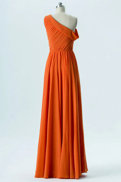 Orange Chiffon One-Shoulder Unique design Pleats Bridesmaid Dress