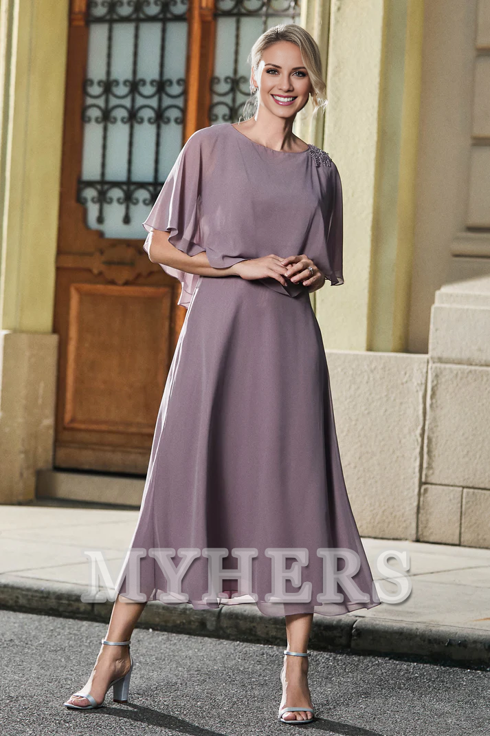 My Hers New Product Mother of The Bride Dress Tea-Length Jewel Flutter Sleeves Chiffon Dress Elegant Wedding Guests Dresses