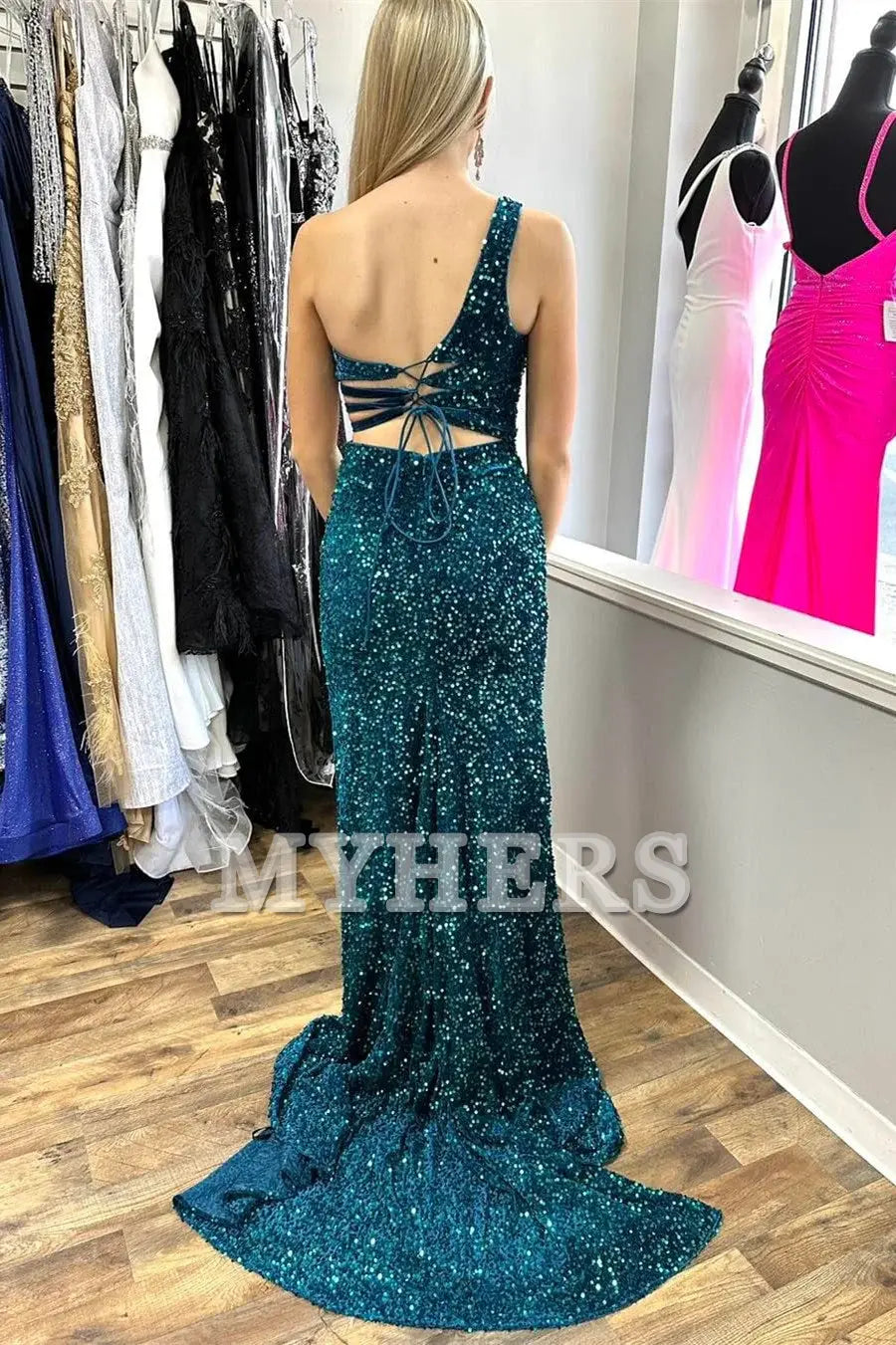 Formal Women's Dresses Wedding Guest Dresses One-Shoulder Turquoise Sequin Keyhole Long Prom Dress Side Fork Lace up Backless Fashion Evening Dress