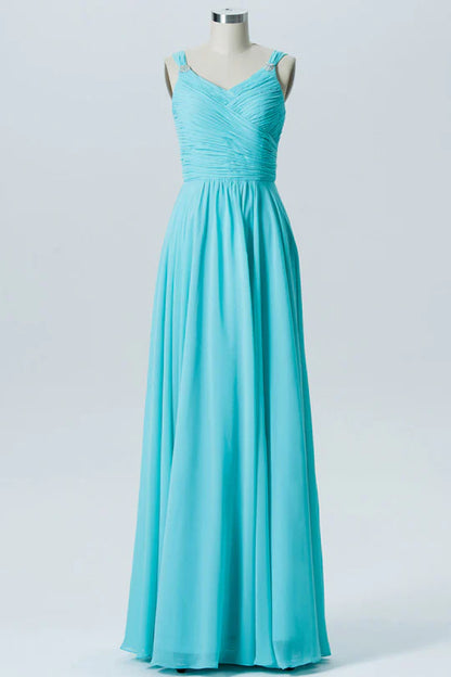 Aqua Blue Chiffon V-Neck Rhinestone Straps Backless Bridesmaid Dress