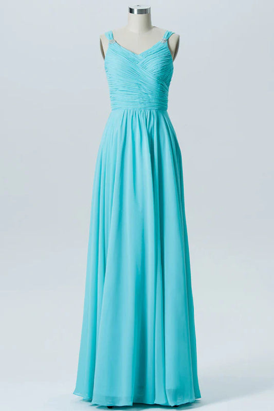 Aqua Blue Chiffon V-Neck Rhinestone Straps Backless Bridesmaid Dress