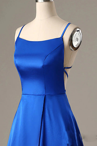 Royal Blue Square Neck Halter Lace-Up Back Backless A Line Satin Prom Dress