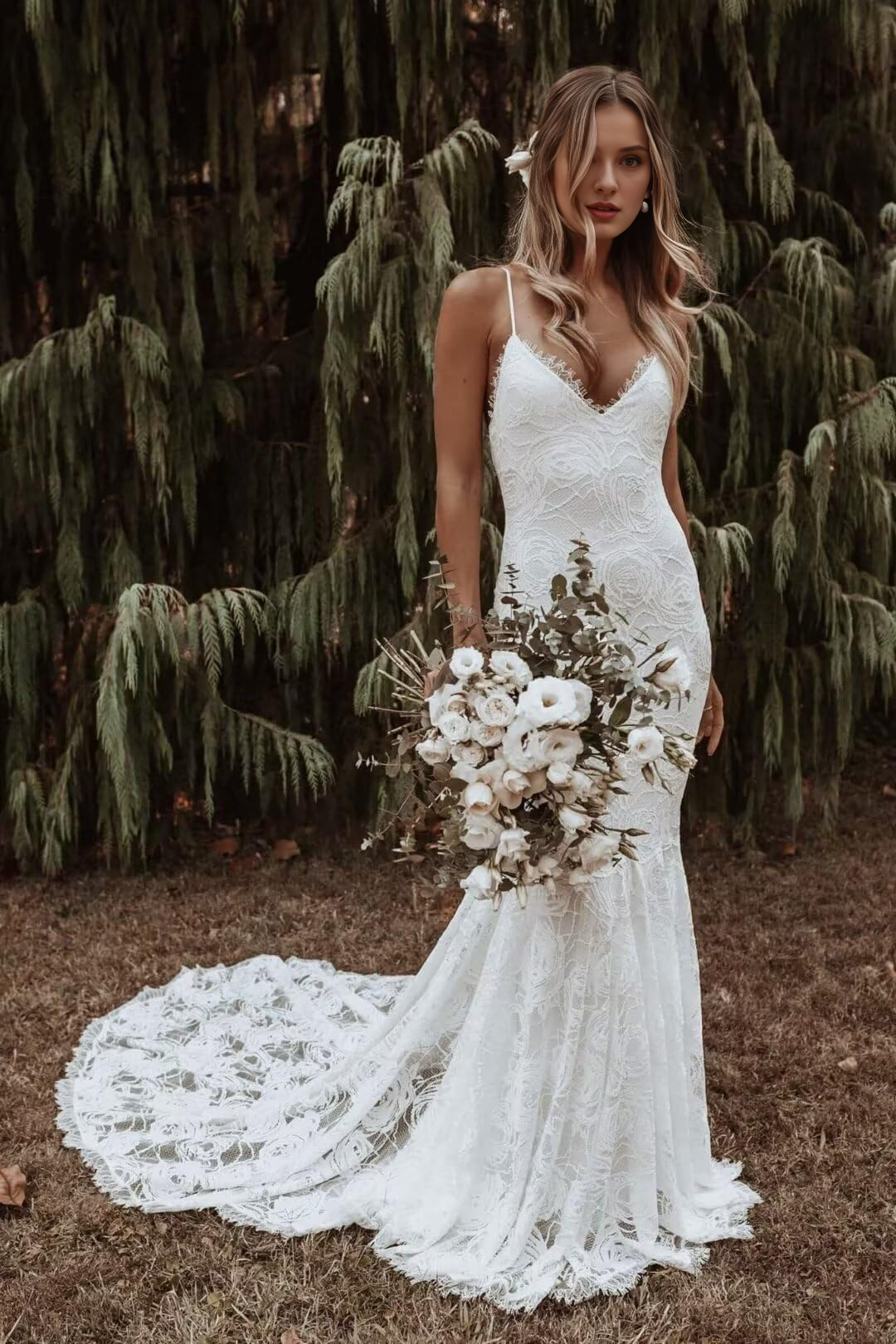 New Pattern Wedding Dress Mermaid Boho Lace V-Neck Backless Beach Bridal Dress Formal Women's Dresses