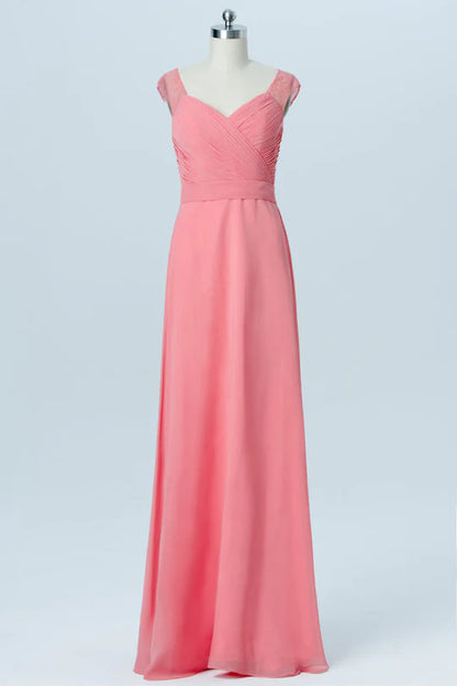 Coral Pink Square neck Lace Back Wrap Sleeveless Bridesmaid Dress