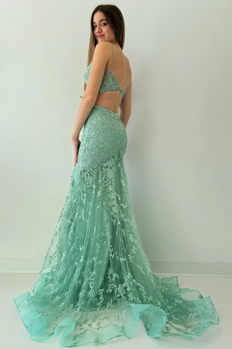Appliques Spaghetti Strap Mermaid Long Prom Dress