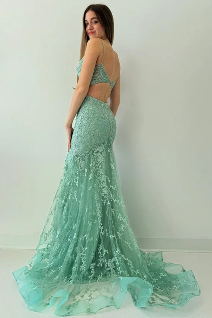 Appliques Spaghetti Strap Mermaid Long Prom Dress