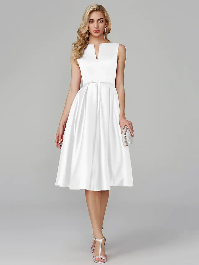 A-Line Minimalist Elegant Cocktail Party Prom Valentine's Day Dress V Wire Sleeveless Knee Length Satin with Sash Ribbon