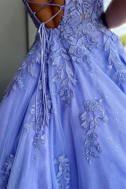 Tulle Appliques Lace-Up A-Line Long Prom Dress