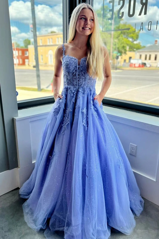 Tulle Appliques Lace-Up A-Line Long Prom Dress
