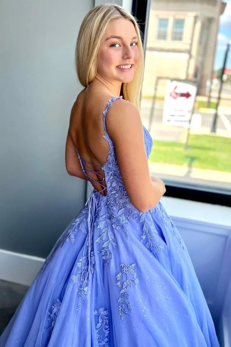 Tulle Appliques Lace-Up A-Line Long Prom Dress